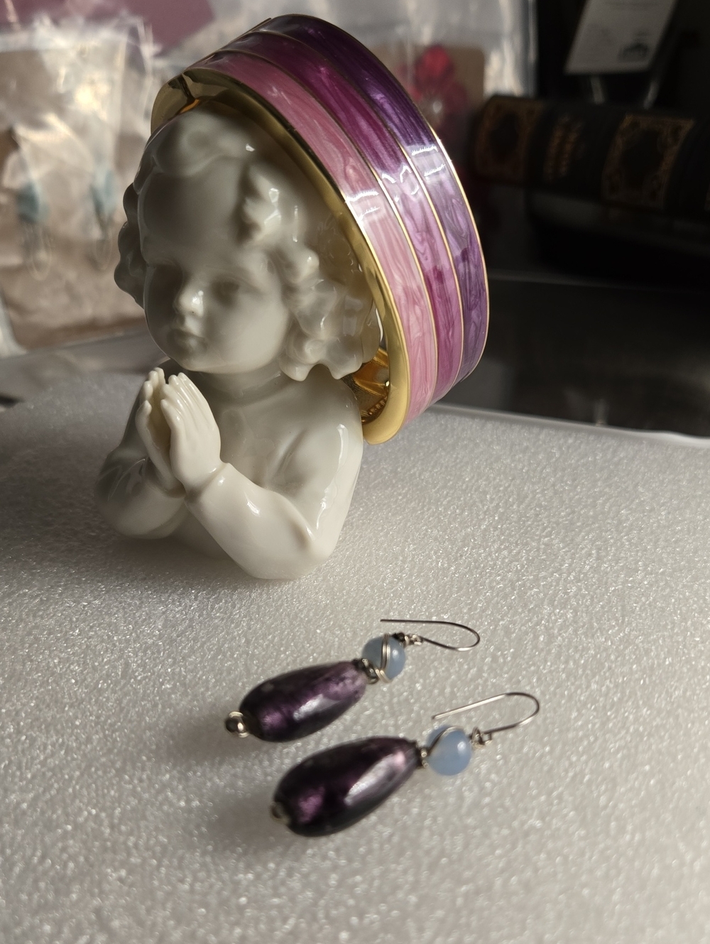 Gold-Tone Purple Gradient Enamel Bangle With Silver Tone Purple Blue Earrings